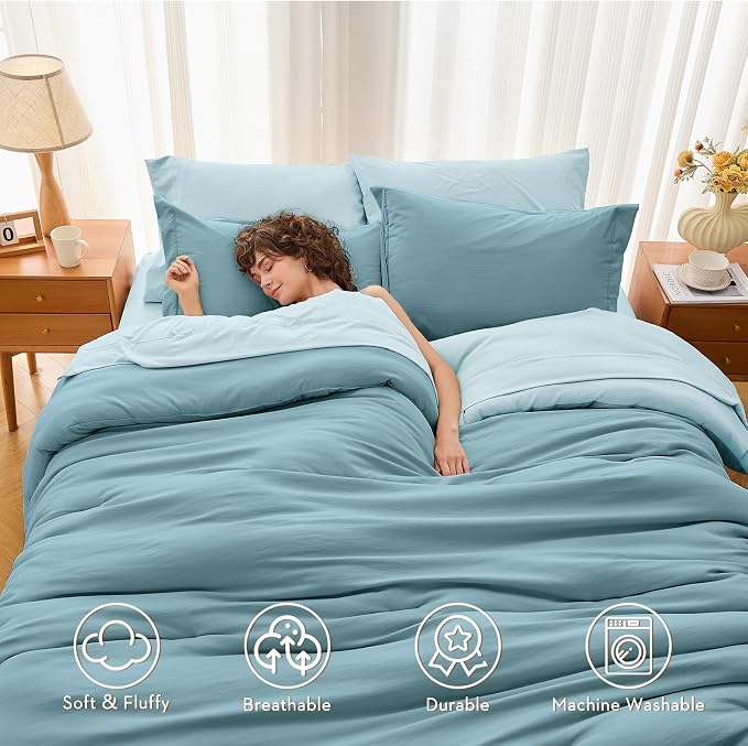 7 Pieces King Comforter Set, Soft Bed in a Bag King Size, All Season Bedding Set with Comforter, Flat Sheet, Fitted Sheet, Pillowcases & Shams, Mineral Blue & Light Blue