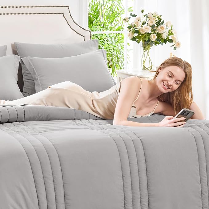 Queen Comforter Set French Grey - 7 Pieces Bed in a Bag | OEKO-TEX Certified, 240GSM Down-Alternative Comforter, 14" Deep-Pocket Sheets, Shams & Pillowcases, Lightweight
