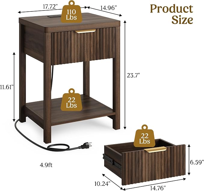 Night Stand Set 2, Fluted Wood Nightstands w/Charging Station for Bedroom | Walnut, Storage Drawer, Open Shelf, Metal Silent Rails, Round Corners, Modern Fluted Panel, Living Room, Bedside Table