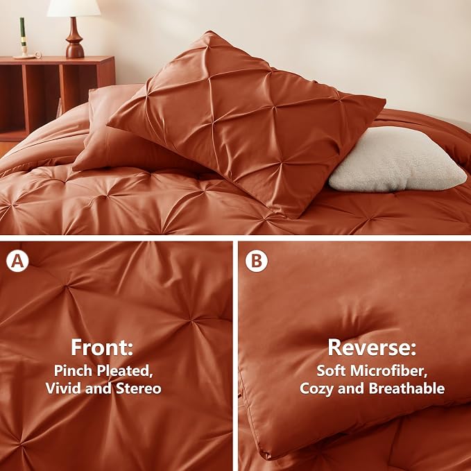 HIMEET King Size Comforter Set Burnt Orange - 7 Pieces Pintuck Bed in a Bag | OEKO-TEX Certified, 240GSM Down Alternative Comforter, 14" Deep Pocket Fitted Sheet + Flat Sheet + 2 Pillowcases + 2 Shams