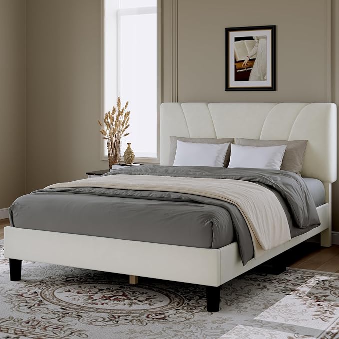 Novilla King Bed Frame and Headboard, King Bed Frame, Velvet Upholstered Bed Frames, No Box Spring Needed, Heavy Duty Feet, Easy Assembly, White Velvet