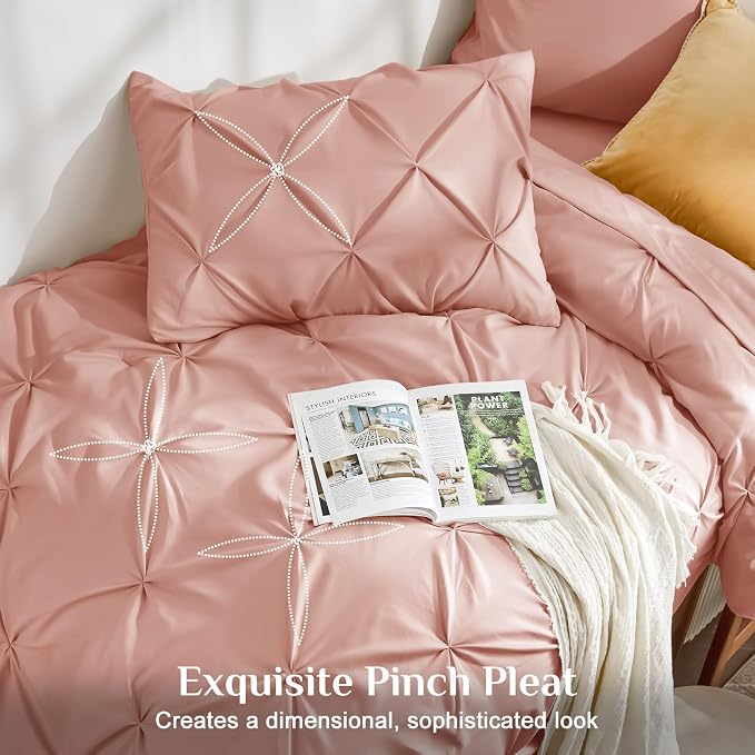 JOLLYVOGUE Twin XL Comforter Set 5 Pieces - Bed in a Bag Twin XL for All Season, Pintuck Bedding Comforter Sets with Comforter, Flat Sheet, Fitted Sheet and Pillowcases & Shams, Rose Brown