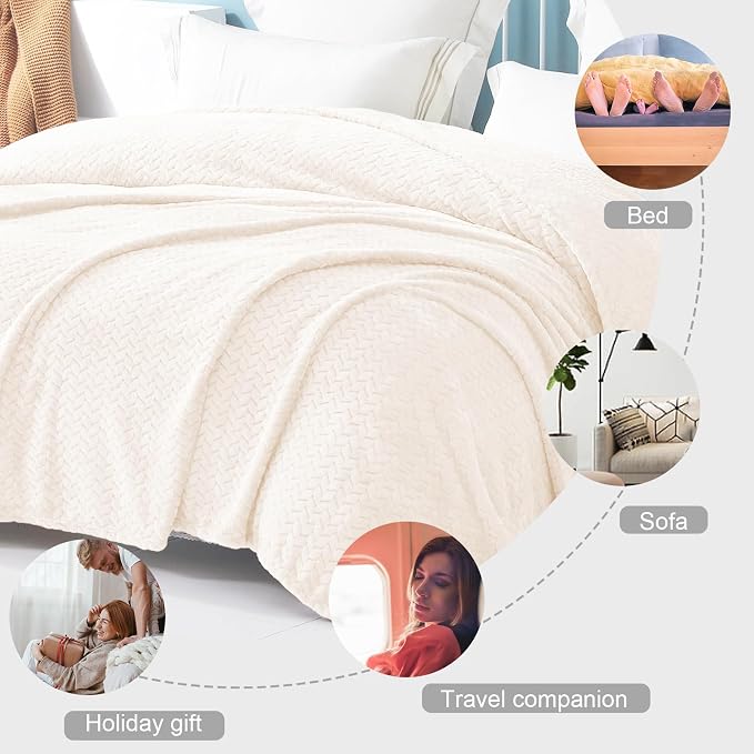 Exclusivo Mezcla Soft Fleece Bed Blanket Queen Size, 90”x90”, Off White | Cozy Fluffy Lightweight Blankets for Summer, Decorative Plush Flannel Throws for Living Room, Bedroom with Leaves Pattern