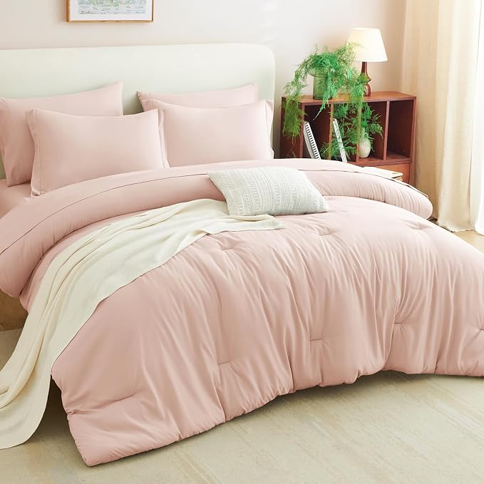 King Size Comforter Set Blush Pink, 7 Pieces Bed in a Bag | OEKO-TEX Certified, All-Season, Bedroom, 240GSM Down Alternative Comforter, Flat & Fitted Sheets, 2 Pillowcases & 2 Shams