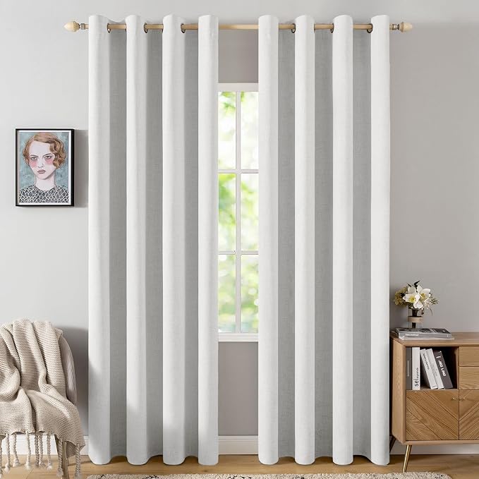 MIULEE 100% Blackout Linen Curtains for Bedroom 52x90 Inch Heathered White | Room Darkening, Light Blocking, Thermal Insulated, Grommet Top, Linen Textured, Window Curtains for Living Room, 2 Panels