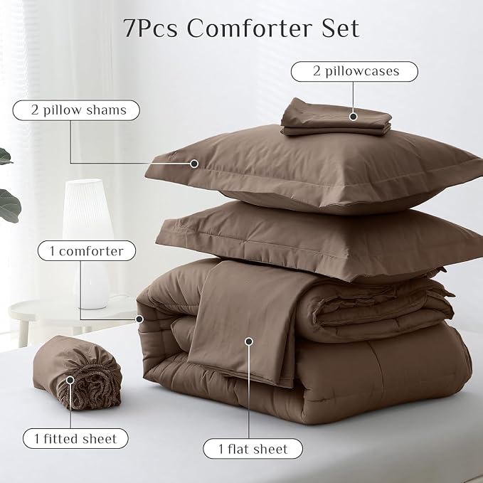 JOLLYVOGUE Oversized Queen Comforter Set, Ultra-Soft Bed in a Bag Oversized Queen Size 7 Pieces, Oeko-TEX Certified Bedding Set with Down Alternative Comforter, Sheets, Pillowcases & Shams, Brown