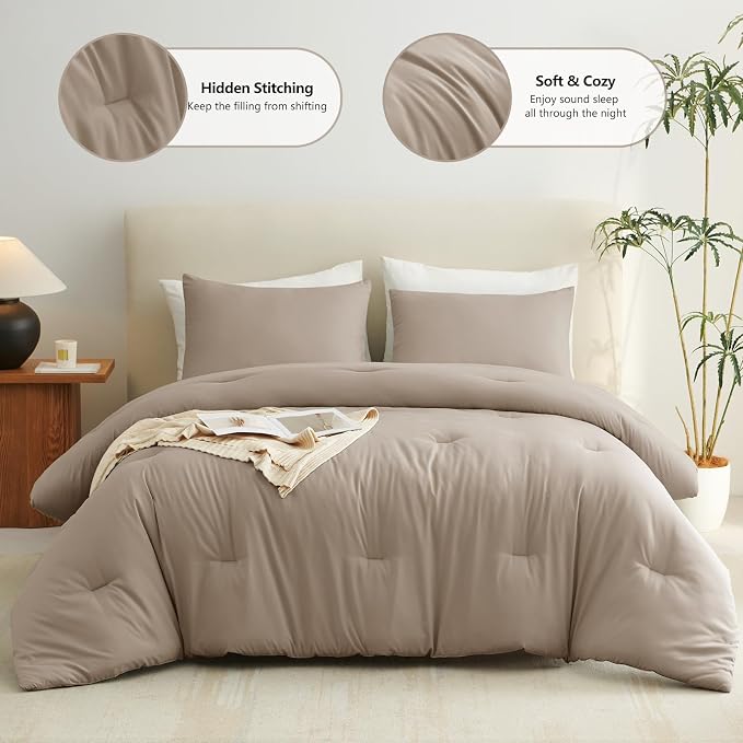 Queen Comforter Set, 3 Pieces Down Alternative Bedding, Khaki | 270 GSM All Season Comforter with 4 Corner Ties for Use as a Duvet Insert, OEKO-TEX Certified, 2 Pillowcases, 88 x 88 in