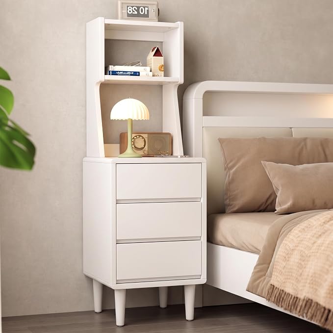 Solid Wood Bookshelf Nightstand Combo, Tall Nightstand with Bookshelf | White Nightstand Bookshelf,Narrow Nightstand with Drawers,Open Shelf Bookcase,for Bedroom,Living Room,Offices