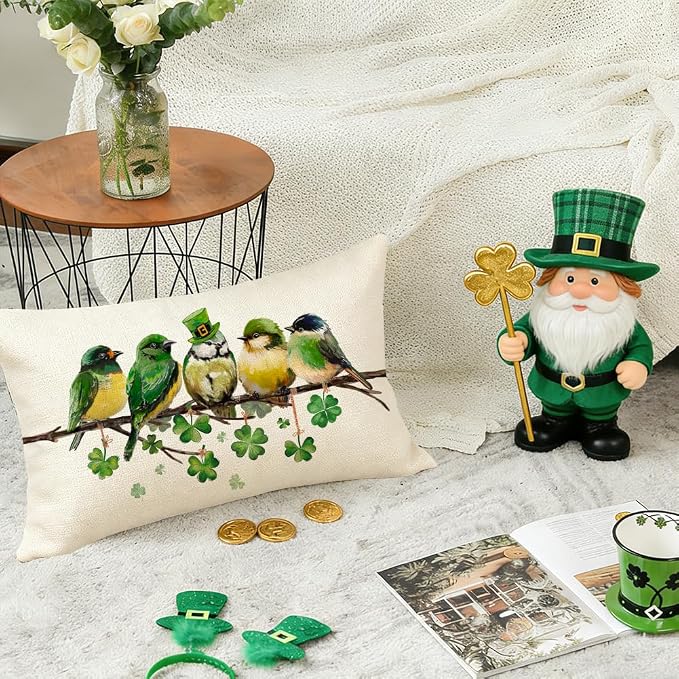 RABUSOFA St.Patricks Day Pillow Covers 12x20 Inch,Birds Shamrock St Patricks Day Decorations Holiday Spring Decorative Pillow Case Decor for Sofa Couch Green