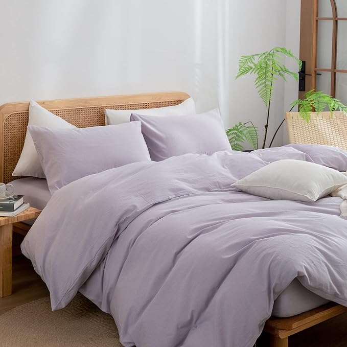 BESTOUCH Cotton Solid Duvet Cover Set Linen Feel Taro Purple Queen | 100% Washed Cotton, Soft Wrinkle Texture, Hidden Zipper, 8 Ties, Breathable Lightweight Durable Comfy, 3 Pcs No Insert