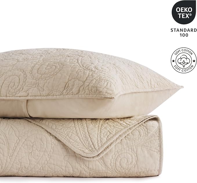 EVERGRACEHOME 100% Cotton Paisley Quilt Set, Oversized King, Flax Beige | Prewashed for Softness, Year-Round Breathability, Gift-Ready Box, Matelasse-style Quilted Coverlet, 3 Piece Set with 2 Shams