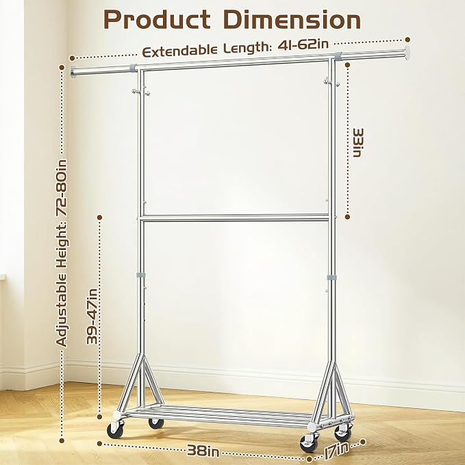 Heavy Duty Rolling Clothes Rack with Double Rods for Hanging Clothes, Adjustable & Extendable Metal Clothing Rack, Garment Rack With Wheels Shelf, Sturdy Freestanding Closet Rack, 100% Stainless Steel
