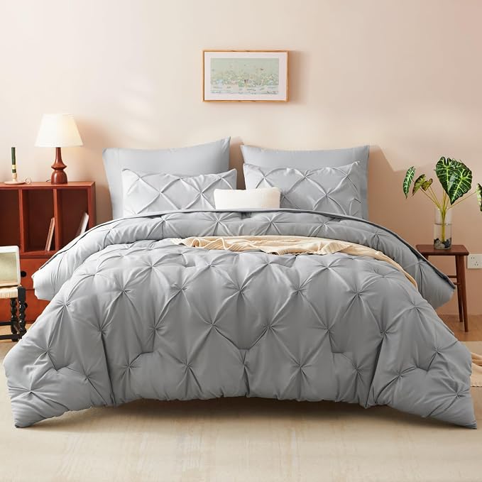 HIMEET Twin XL Comforter Set Light Grey - 5 Pieces Pintuck Bed in a Bag | OEKO-TEX Certified, 240GSM Down Alternative Comforter, 14" Deep Pocket Fitted Sheet + Flat Sheet + 1 Pillowcase + 1 Sham