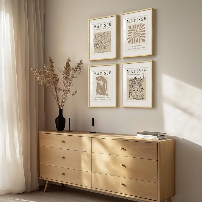 Framed Neutral Beige Matisse Minimalist Wall Art for Bathroom, 11x14 Inch | Set of 4 pieces, Abstract modern, Botanical prints, Living room, Dining room, Bedroom, Home office decor