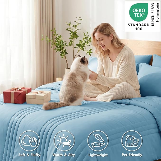Queen Comforter Set Aqua Blue - 7 Pieces Bed in a Bag | OEKO-TEX Certified, 240GSM Down-Alternative Comforter, 14" Deep-Pocket Sheets, Shams & Pillowcases, Lightweight