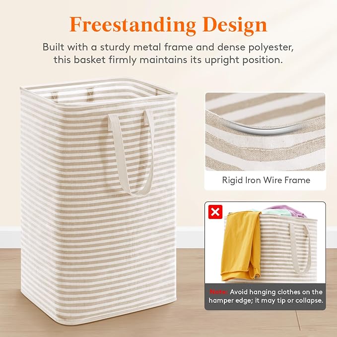 Lifewit 75L Large Collapsible Laundry Basket with Extended Handles, Beige | Foldable Laundry Hamper, Tall Dirty Clothes Basket, Waterproof, Freestanding Design for Bedroom, Bathroom, College Dorm