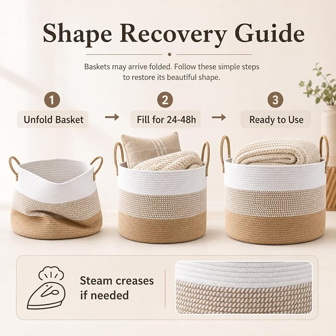 JMvicyroam 65L Extra Large Machine Washable Cotton Rope Blanket Basket | Collapsible laundry hamper, Reinforced handles, For blankets,pillows,toys and clothes, Living room and bedroom,White&Jute Mix