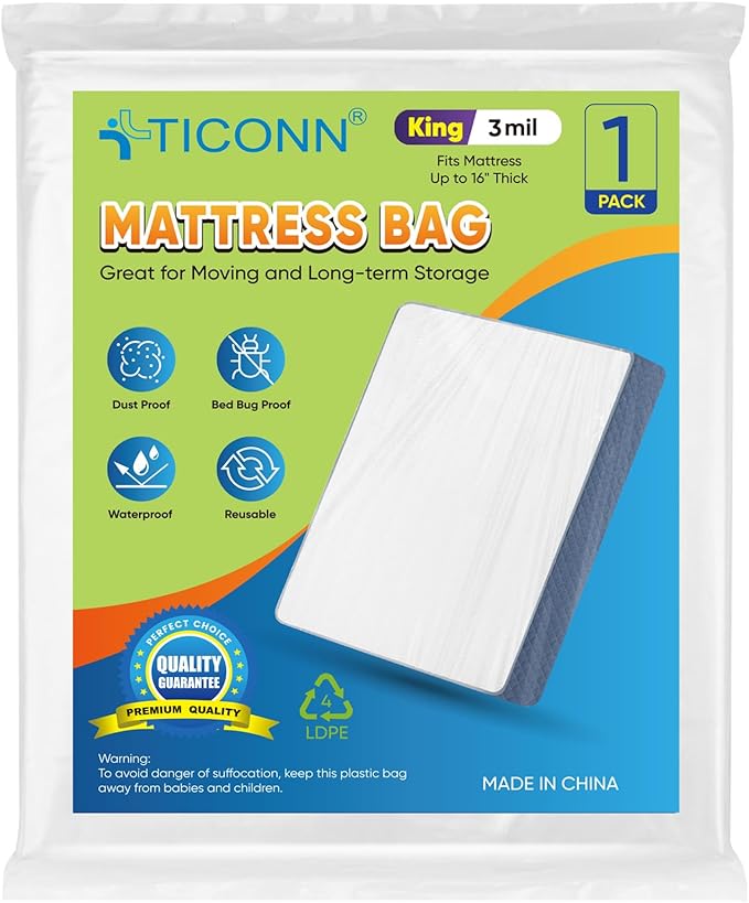 TICONN 1PK Plastic Mattress Bags for Moving, Waterproof Mattress Cover | 3D Gusset Design, Tear Resistant & Dust Protection, Multiple Sizes /Thickness Options, Reusable Mattress Protector