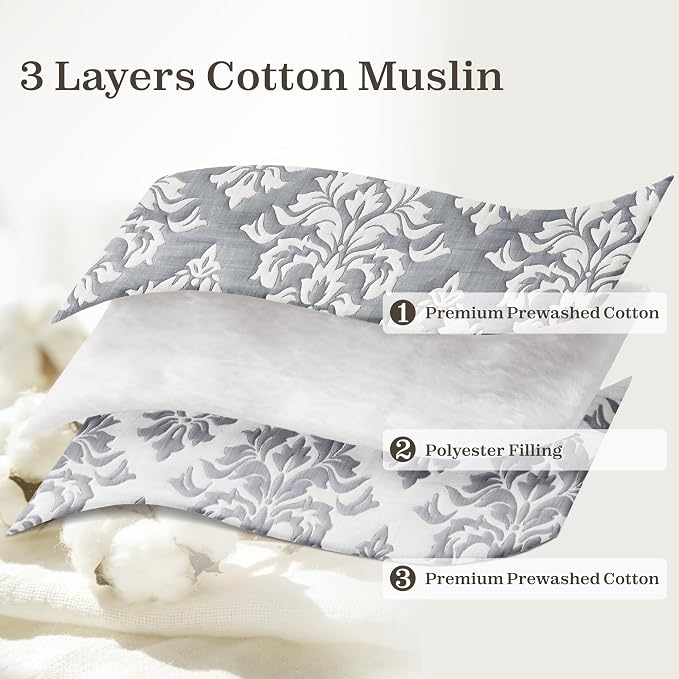 Exclusivo Mezcla Cotton Quilts King Size Grey | Soft Lightweight Bedspread, Breathable Prewashed Yarn Dyed Muslin, All Season Bedding Set, Boho Coverlet With 2 Pillow Shams