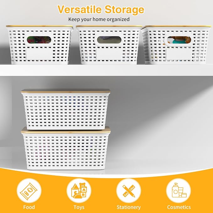 6 Pack Plastic Storage Baskets,White bamboo lid storage Box | Labels, Stackable, For Organizing Shelves Pantry Drawers Desktop Closets Organizing Desktop Closet Playroom Classroom