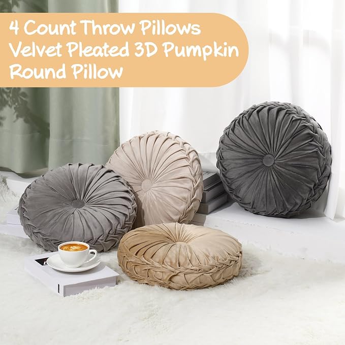 Kathfly 4 Pcs Round Throw Pillows Velvet,Beige, Khaki, Gray, Dark Gray | Pleated Pumpkin Design, Soft Velvet Fabric for Bed Sofa Chair, 14 Inch Diameter Floor Cushion, Elegant Home Decor Accent