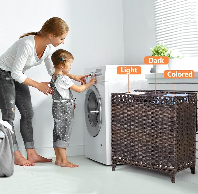 Laundry Hamper with 3 Removable Liner Bags, 132L Laundry Sorter with Lid | Raised Feet; Side Carry Handles; Handwoven PP Rattan; Rust-Resistant Iron Frame; Decorative Woven Design