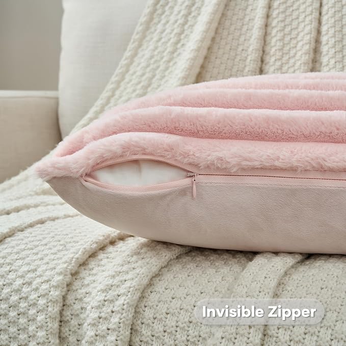 FUTEI Pack of 2 Faux Fur Throw Pillow Covers 12x20 Inch, Pink | Fluffy Faux Rabbit Fur Front/Premium Velvet Back,Hidden Zipper,Machine Washable,Non-Shedding,Colorfast,Insert Not Included.