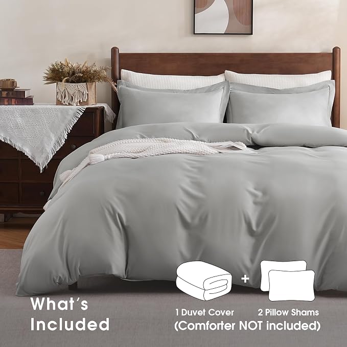 FreshCulture Duvet Cover King Size - 3 Pieces Microfiber Duvet Cover Set with Zipper Closure - Lightweight & Easy Care - 1 Comforter Cover & 2 Pillow Shams - Comforter Not Included (Light Grey)