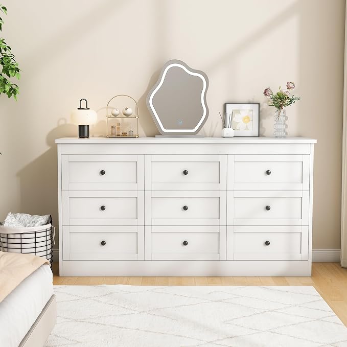 wanan 9 Drawer Dresser for Bedroom, White Modern 59'' Wide Wood Chest of Drawers, Dresser TV Stand, Storage Organizer with Metal Handles for Living Room, Hallway, Entryway