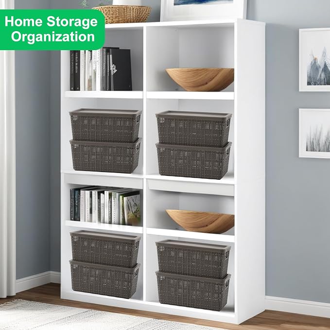 6 Pack Plastic Storage Baskets with Lid,Grey Stackable Bins | Durable Woven Plastic With handle Breathable,Save space,For Organizing Desktops, Closets, Playrooms, Classrooms, Offices