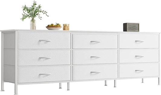 Huuger 63 Inch Dresser for Bedroom, Dresser for Closet with 9 Fabric Drawers, Large TV Stand for 55, 65, 70 Inch TV, Entertainment Center with Storage, Wide Long Chest of Drawers, White