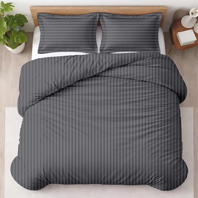 Kotton Culture 120"x98" 3 Pc Oversized King Duvet Cover Set 100% Egyptian Cotton - 600 Thread Count, Zipper Closure & Corner Ties - Fits Large King Inserts (Oversized King,Striped Dark Grey)