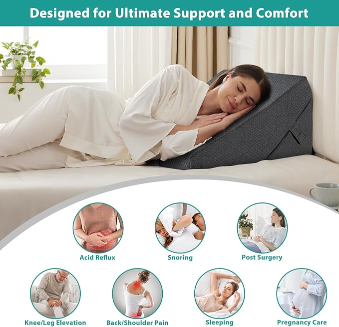 Wedge Pillow for Sleeping, Adjustable 9&12 Inch Foldable Bed Wedge Pillow Set, Orthopedic Memory Foam Triangle Pillows Wedge, 7-in-1 Elevated Pillows for Leg and Back Support, Dark Grey