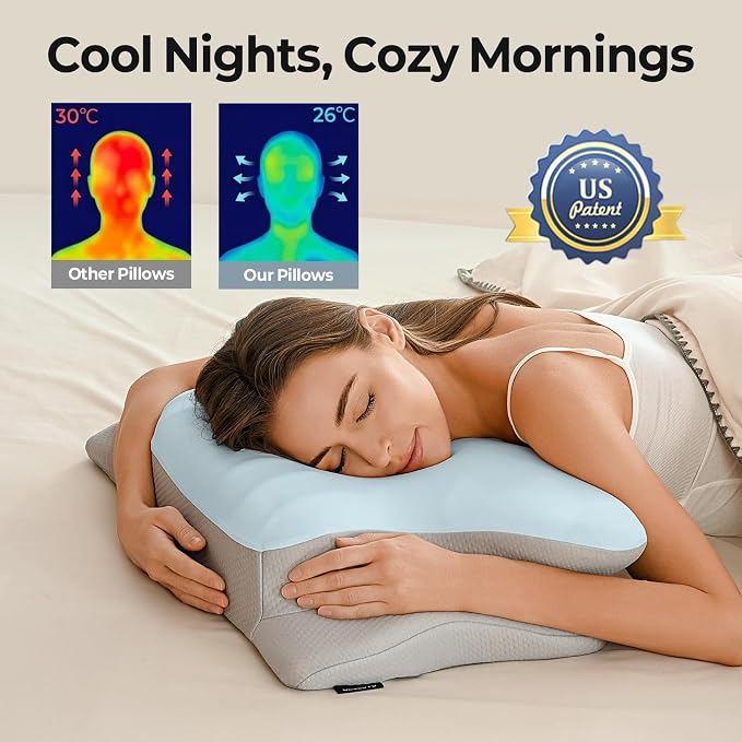 Ylekto Cervical Neck Pillow for Pain Relief - Contour Memory Foam Pillows | Ergonomic Pillow for Sleeping, Side Sleeper Pillow for Neck Support, Bed Pillow for Side Back Stomach Sleepers (Blue & Grey)