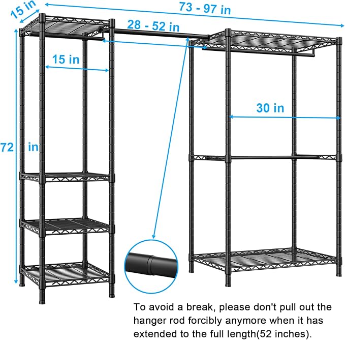 E10 Clothes Rack（With Stretchable Hanger Rod）Freestanding Clothing Racks for Hanging Clothes，Adjustable Closet Organizer System，Portable Garment Rack 73-97"W x 15" D x 72" H，Max Load 800LBS，Black