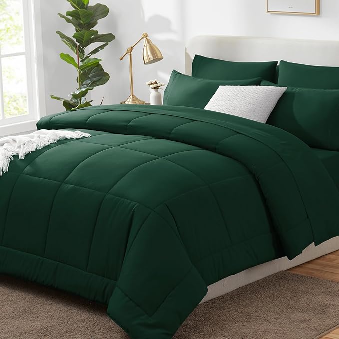 King Size Comforter Set Emerald Green - 7 Pieces Bed in a Bag | OEKO-TEX Certified, All-Season, Bedroom, Guest Room, Down-Alternative Comforter + Flat & Fitted Sheets + 4 Pillowcases