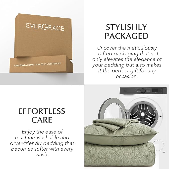 EVERGRACEHOME 100% Cotton Paisley Quilt Set, Queen Size, Light Sage Green | Prewashed for Softness, Year-Round Breathability, Gift-Ready Box, Matelasse-style Quilted Coverlet, 3 Piece Set with 2 Shams