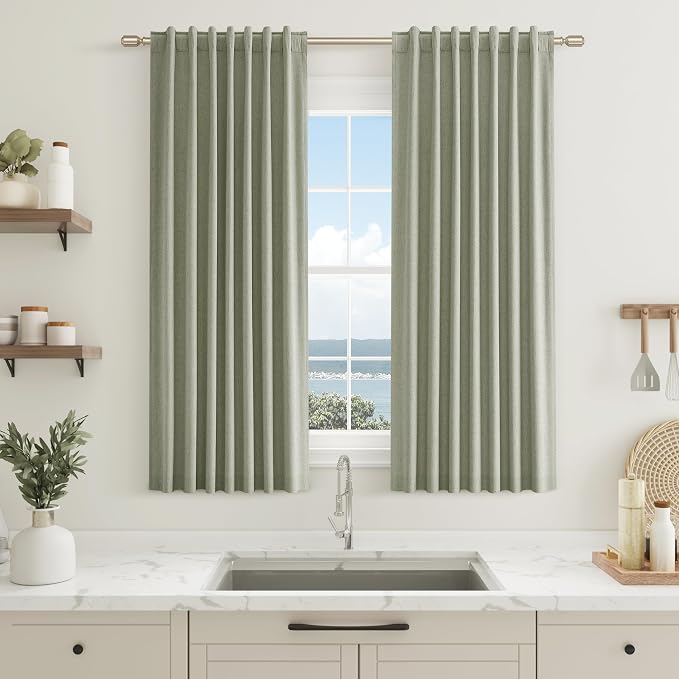 Sage Green 100% Blackout Curtains 54 Inch Length 2 Panels Set for Living Room Bedroom Back Tab Thermal Insulated Black Out Linen Drapes Room Darkening Window Curtains