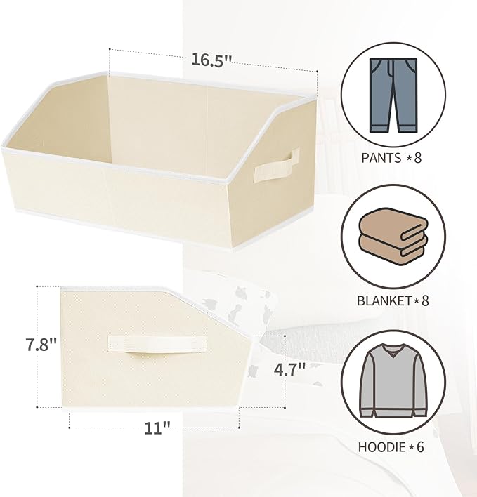 Cube Storage Organizer - Large Bins with Handle, Trapezoid Organizing Baskets for Shelves, Decorative Storage Baskets for Clothes, Blankets, Books, 4 Pack, Beige