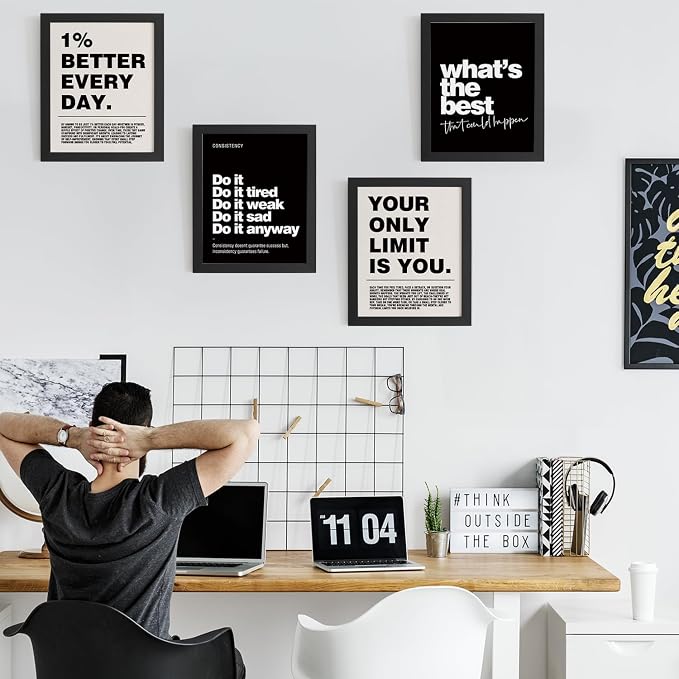 DSHFG Motivational Inspirational Office Wall Art Decor Prints Set of 4 | Black Office Motivational Wall Decor Trendy Retro Positive Affirmations Quotes Wall Decor Gym Posters, 8x10 Unframed