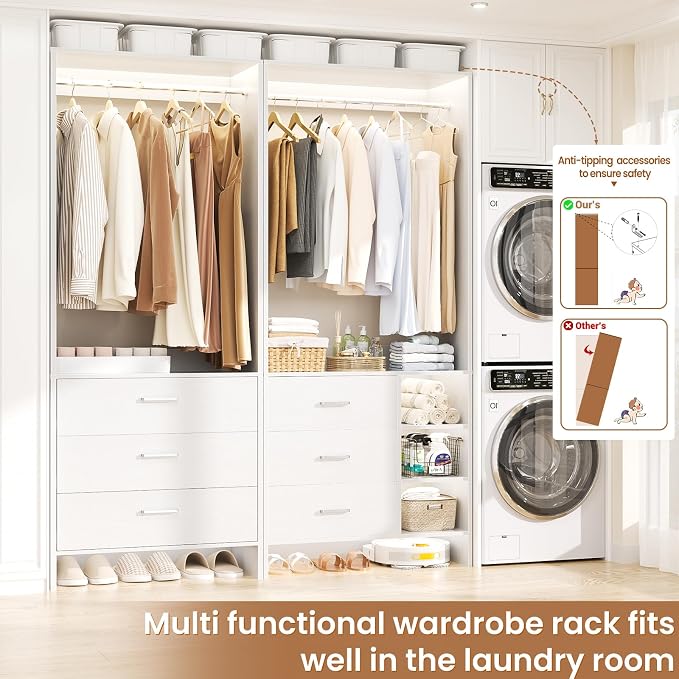 Aheaplus Closet System with 6 Drawers, 4.5ft, Set of 2, White | Wood Closet Organizer System, Walk-in Closet or Small Closets Wardrobe, Clothes Rack with Hanging Rods, Set of 2