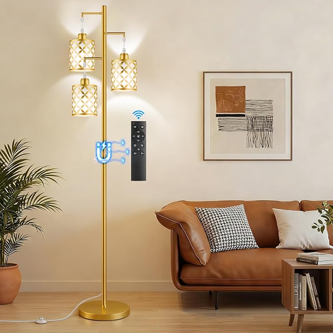 72" Dimmable Floor Lamp with Remote & Timer, Modern Light Luxury Standing Lamp for Living Room Bedroom, 3 Individually Controlled Heads, 2 Height Options, 3x 1100LM LED Bulbs Included -Gold