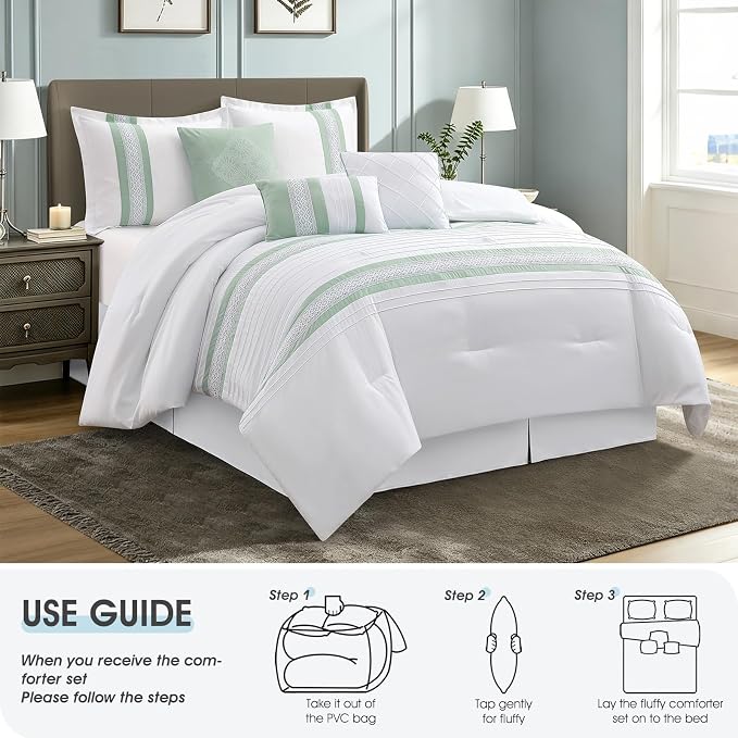7 Piece Comforter Set, Sage White, King Size, Boho Style Geometric Microfiber Embroidery, Bed in a Bag with Bedskirt, Pillow Shams and Decor Pillows