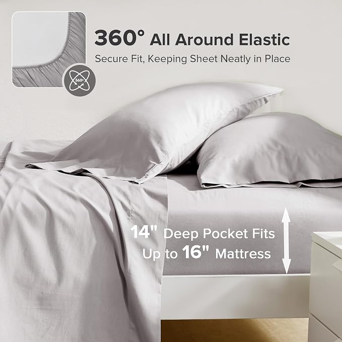 Comfort Spaces 100% Cotton Percale Sheets Queen Sheet Set 4 Piece, Grey | Crisp, Cool & Breathable Bed Sheets, 14" Deep Pocket Fits Up to 16" Mattress, Lightweight, All Season Cozy, with Pillow Case