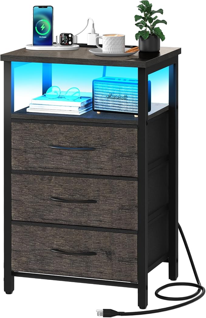Yoobure Night Stand with Charging Station, 3 Fabric Drawers Nightstand, Bedside Tables with Storage Shelf, End Table with 16 Colors LED, Small Dresser for Small Space, Gray | 16 Colors Bedside Table with 3 Fabric Drawers & Storage Shelf, End Table with...