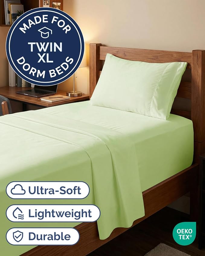 Extra Deep Twin XL Sheet Set - 3 Piece College Dorm Room - Light Sage Green | Soft, Breathable & Cooling, Easily Fits 18 to 24 inch Mattress, Wrinkle Free & Fade Resistant with Extra Deep Pockets