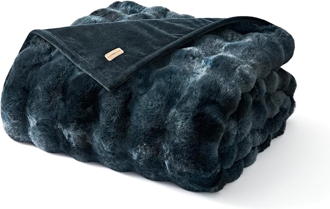 EverGrace Faux Rabbit Fur Bubble Throw Blanket, 50"x60", Marble Deep Indigo | Ultra Soft, Luxury Faux Rabbit Fur Throw, Thick Warm Bubble Blanket, Cozy Fluffy Reversible, for Bed, Couch, Chair, Sofa