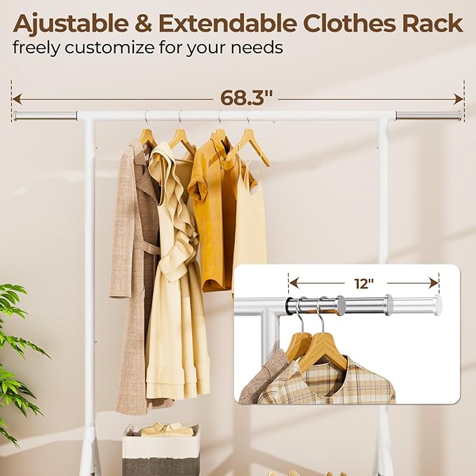 HYSEYY Heavy Duty Clothes Rack Load 450 LBS, Metal Garment Rack, Standing Rolling Clothing Rack for Hanging Clothes with Sturdy Wheels & Shelves, Portable Closet Wardrobe Rack,White