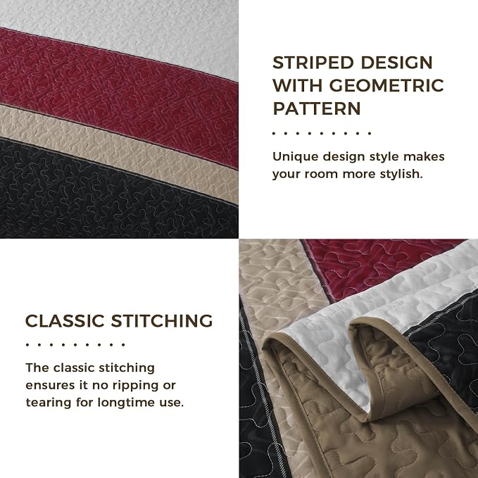 Cottolester Quilts Queen Size,Black Red Striped Bedspread Coverlet Set | Lightweight Patchwork Quilted Bedding Set with 2 PillowShams,Soft Microfiber,All Seasons Quilts Queen Size for Bed 96"x90"