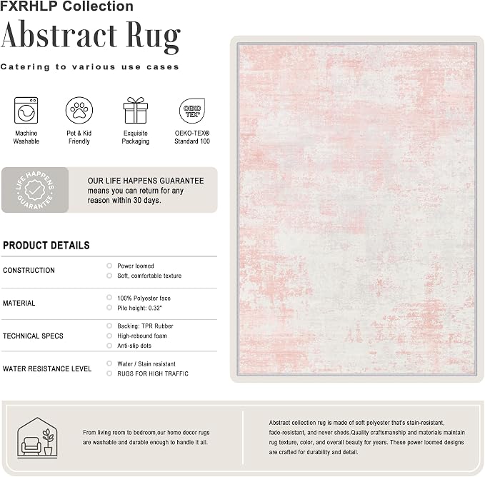 10x14 Area Rug Living Room: Modern Washable Soft Carpet Pink White | For Bedroom Dining Room Farmhouse Nursery Hallway Office,Modern Abstract,Machine washable,Non-Slip,Stain Resistant,Indoor